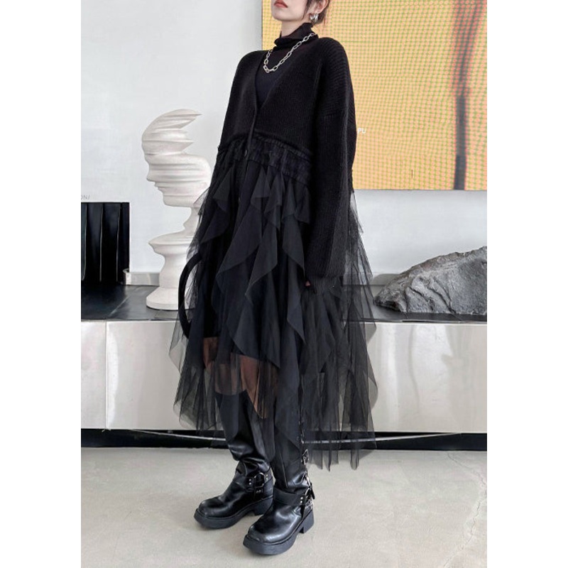 New Black V Neck Tulle Patchwork Cotton Knit Loose Cardigans Fall