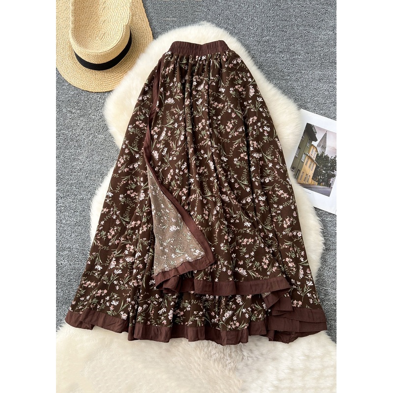 New Coffee Print Elastic Waist Cotton Skirts Fall