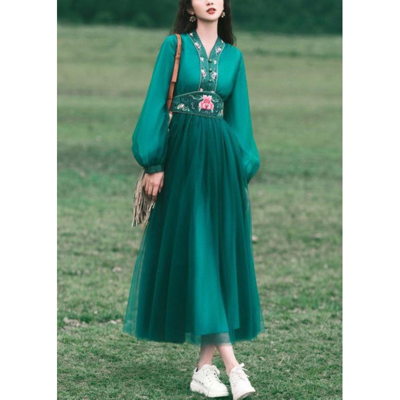 New Green V Neck Embroidered Tulle Long Dress Spring