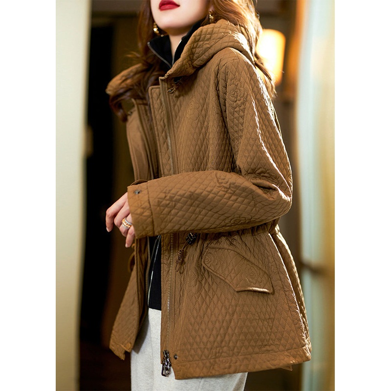 New Khaki Hooded Zippered Drawstring Cotton Filled Coat Spring