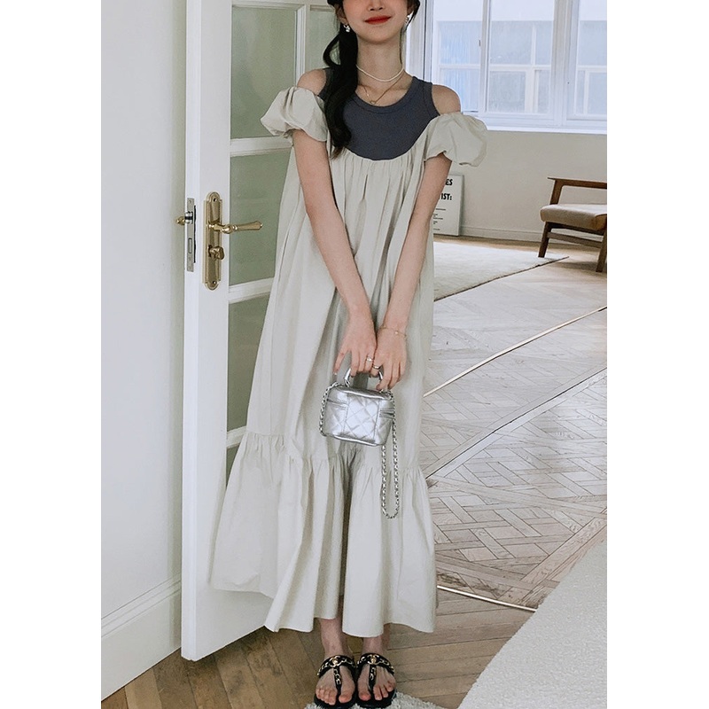 New Off The Shoulder Puff Sleeve Wrinkled Patchwork Cotton Dress