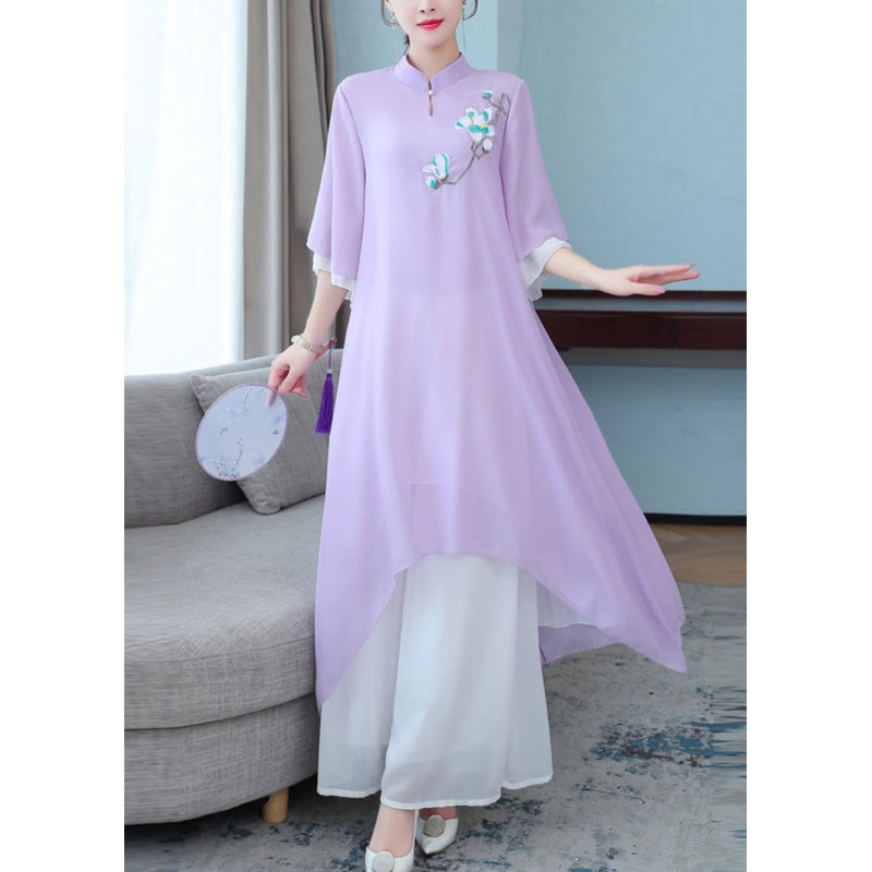 New Purple Stand Collar Embroidered Chiffon Two Pieces Set Half Sleeve