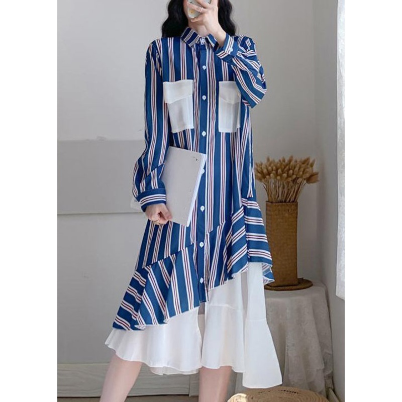 New Striped Peter Pan Collar Button Patchwork Chiffon Long Dress Spring