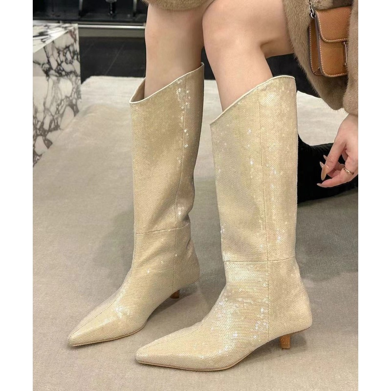 New Stylish Apricot Kitten Heels Sequins Boots