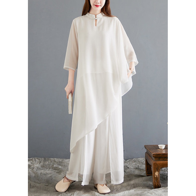 New White Asymmetrical Button Chiffon Sets 2 Pieces Half Sleeve