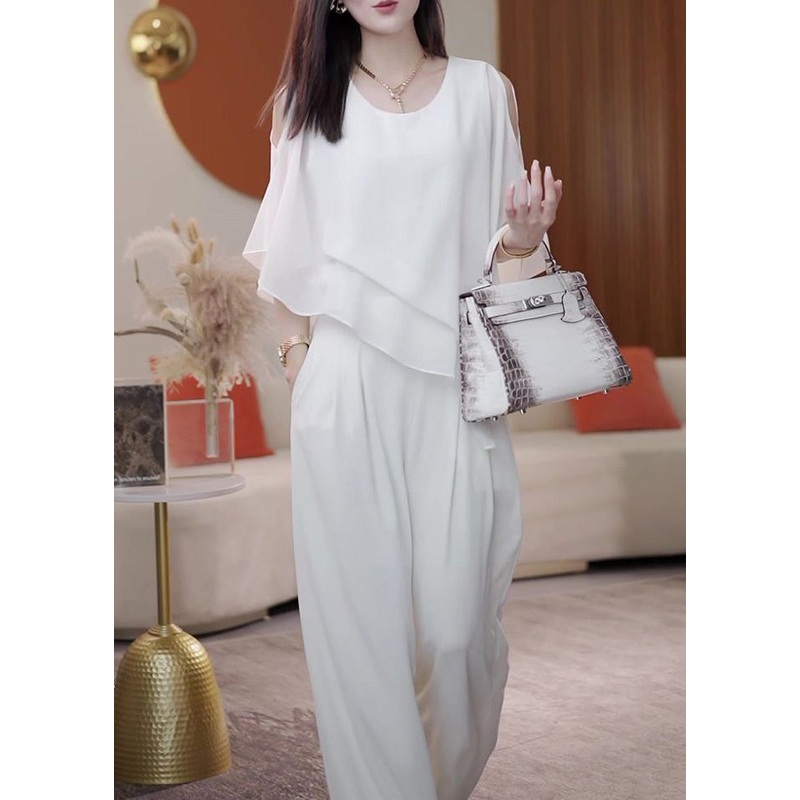 New White Asymmetrical Pockets Chiffon 2 Piece Outfit Half Sleeve