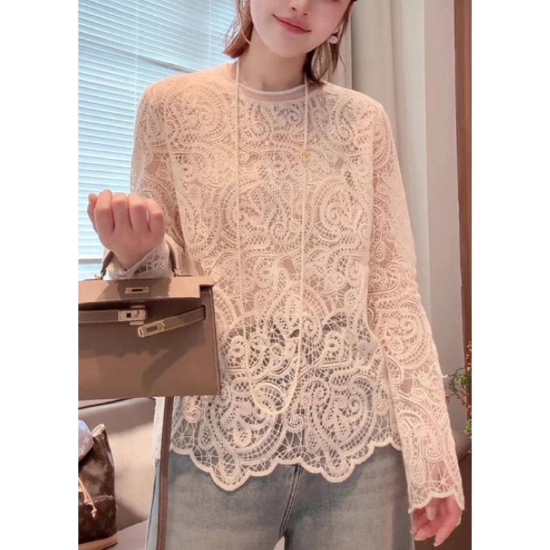Organic Beige O-Neck Hollow Out Lace T Shirt Spring