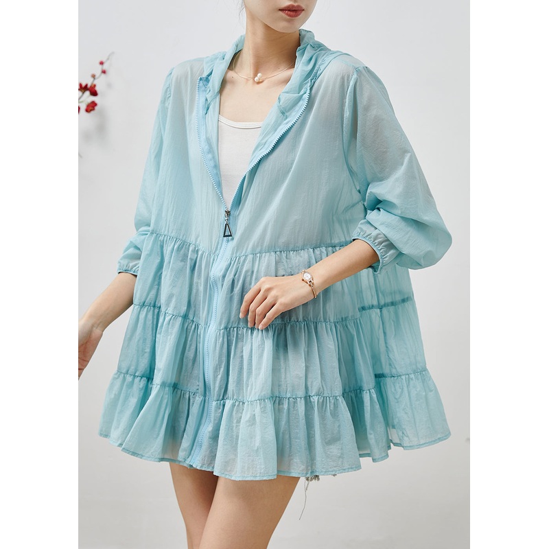 Organic Sky Blue Hooded Patchwork Spandex Coats Summer