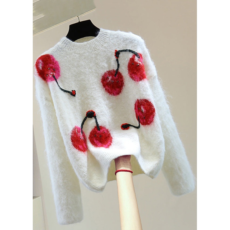 Organic White Embroidered Floral Nail Bead Cotton Knit SweatersWinter