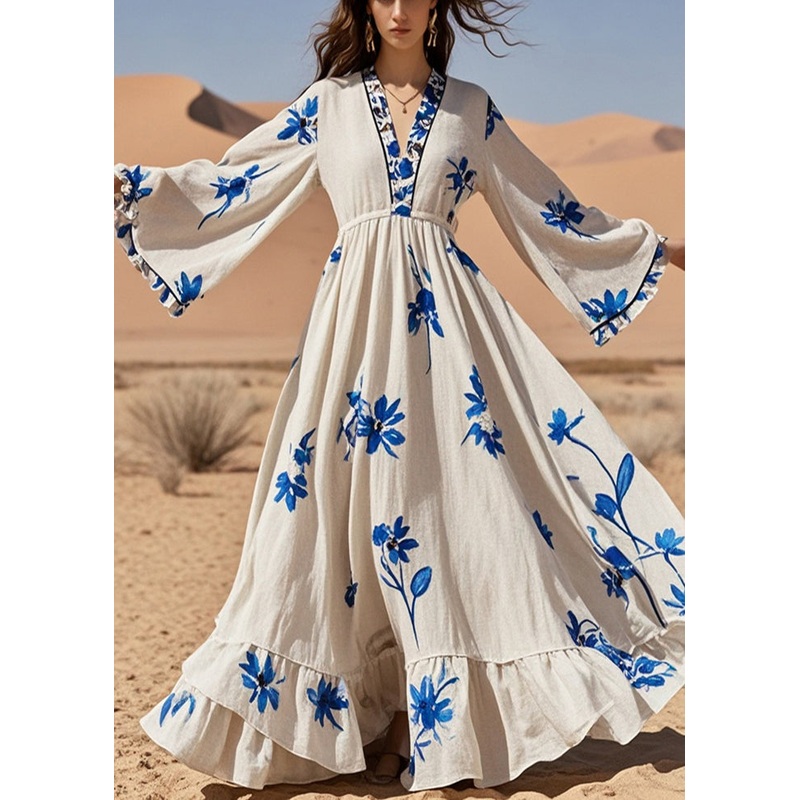 Organic White Print Exra Large Hem Cotton Long Dress Fall