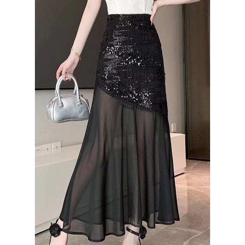 Original Design Black Asymmetrical Patchwork Sequins Skirt Summer