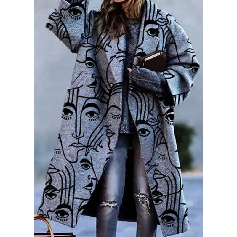 Original Design Grey Abstract Peter Pan Collar Pockets Woolen Trench Spring