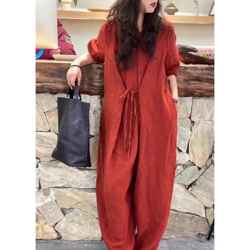 Original Design Red Lace Up Stylish Jumpsuits Fall