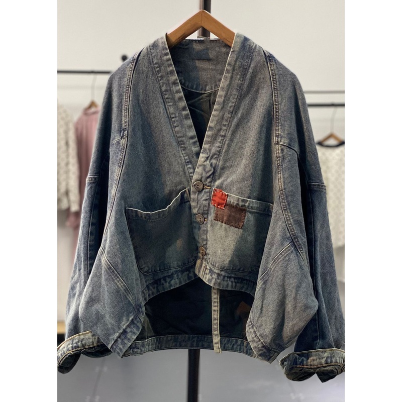 Original Retro Blue Asymmetrical Patch Bat Sleeve Denim Coats