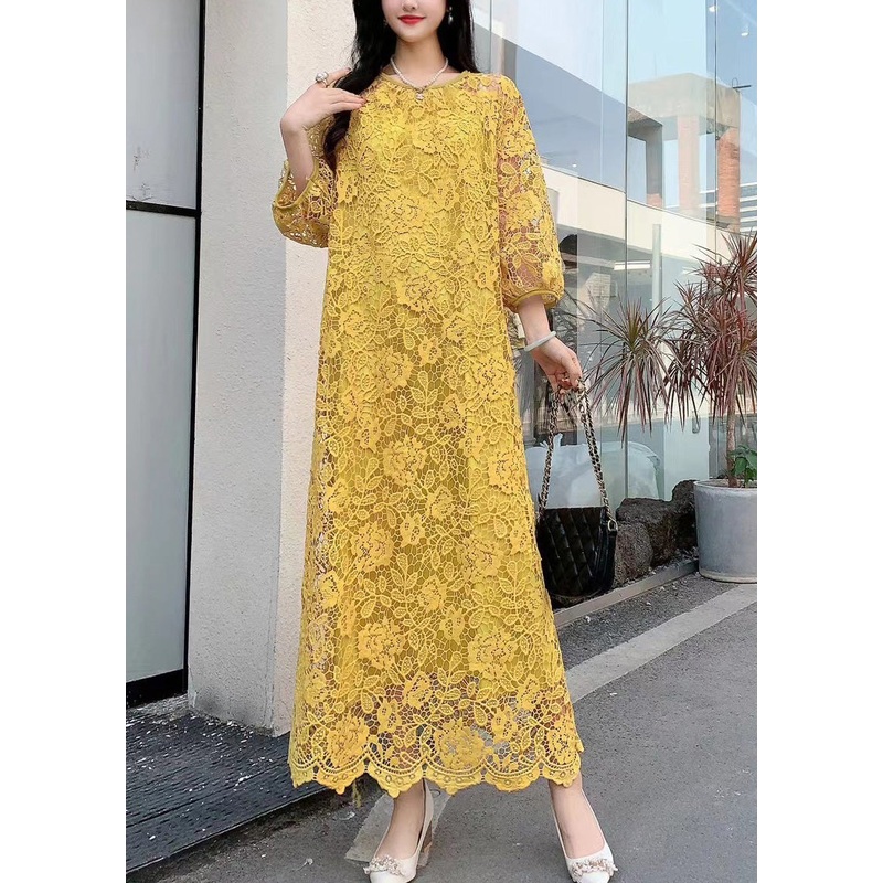 Original Yellow O Neck Hollow Out Embroidered Lace Dresses Summer
