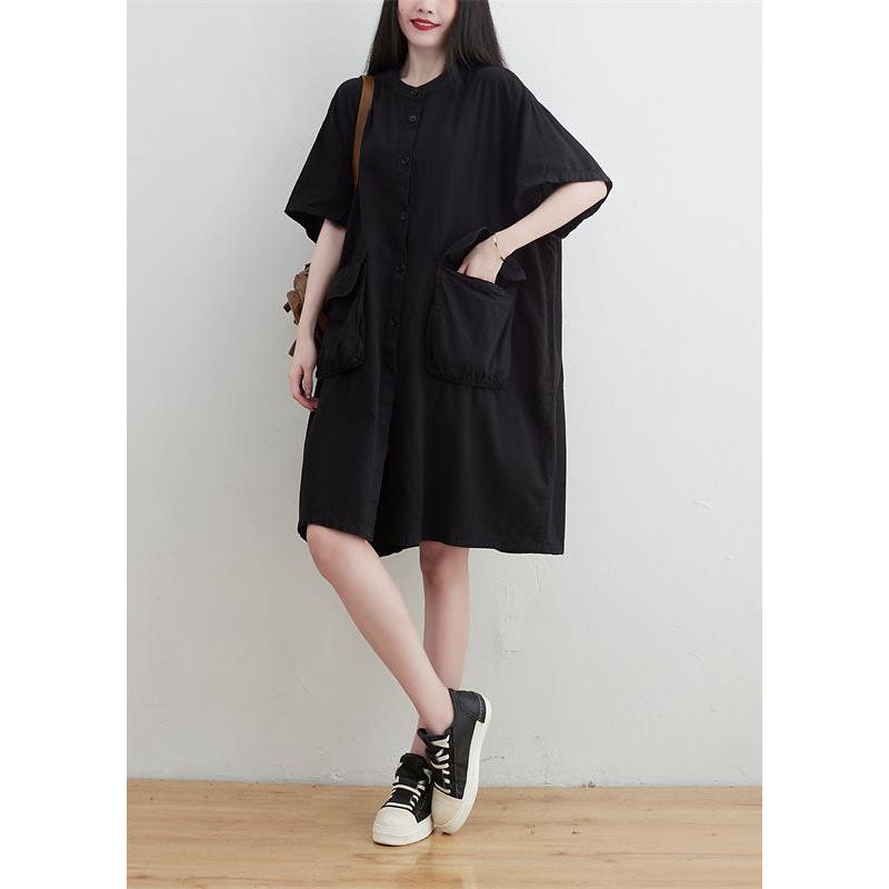Plus Size Black O-Neck Pockets Button Linen Dresses Short Sleeve