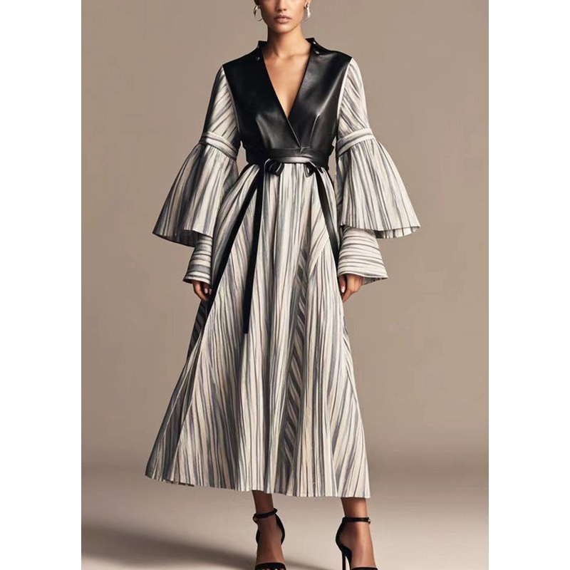 Plus Size Grey Striped Patchwork Faux Leather Cotton Holiday Dress Flare Sleeve