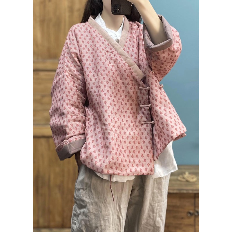 Plus Size Pink Print Button Pockets Cotton Filled Coat Winter