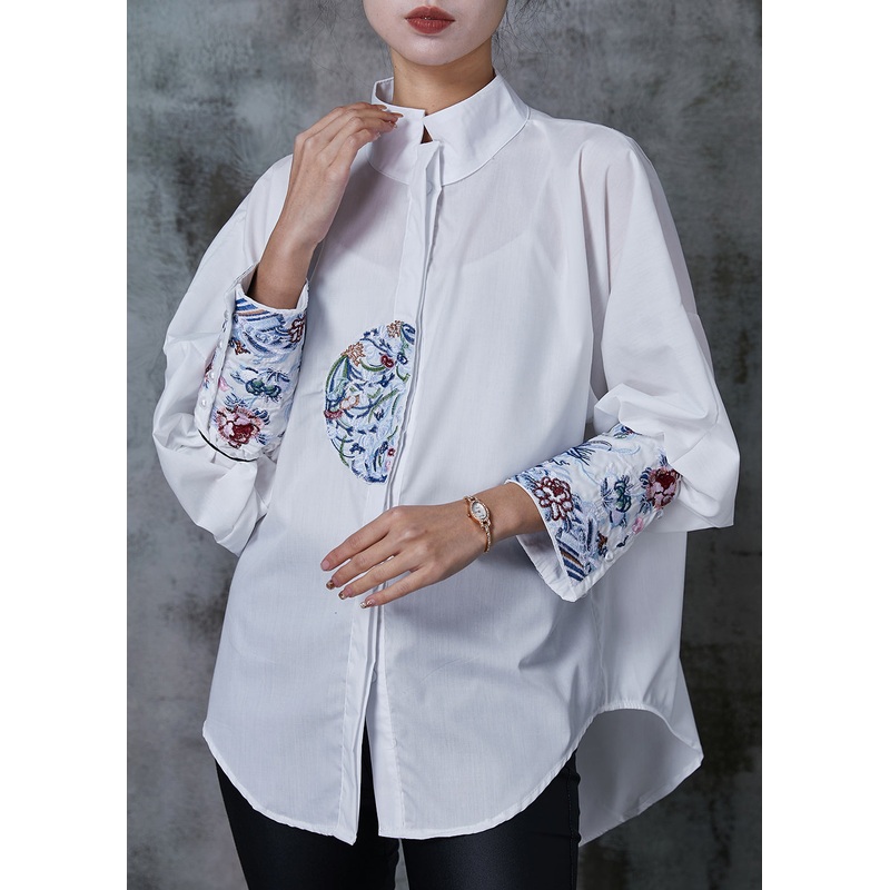 Plus Size White Embroidered Cotton Shirt Tops Summer