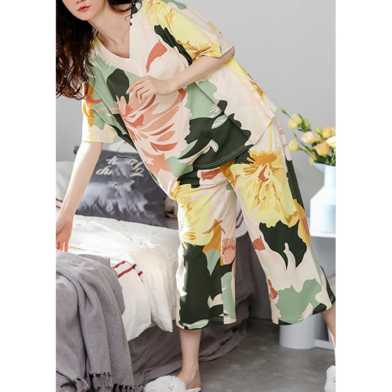 Plus Size Yellow Print Two Pieces Set Short Sleeve