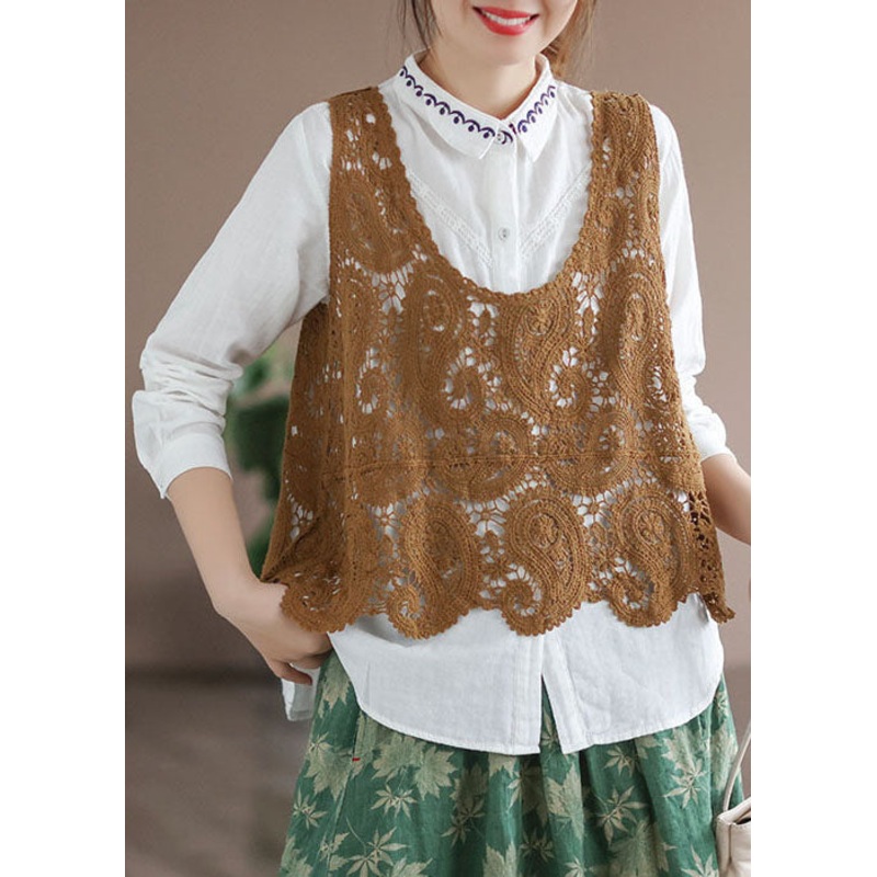 Plus Size Yellow U Neck Hollow Out Knit Tanks Sleeveless