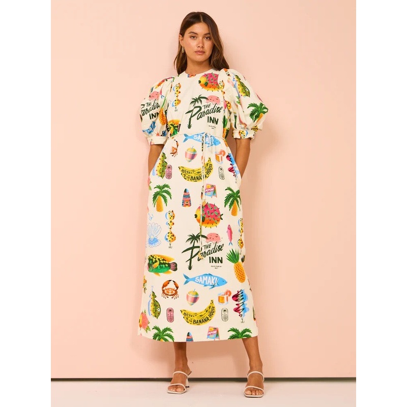 Printed Loose Casual Tie Slit Dress Puff Sleeve