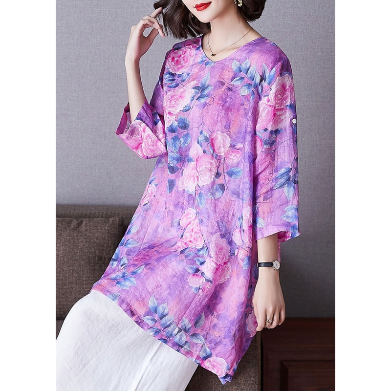 Purple Print Loose Linen Tops O Neck Bracelet Sleeve