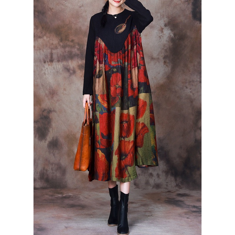 Red Pockets Knit Patchwork Dresses Asymmetrical Winter