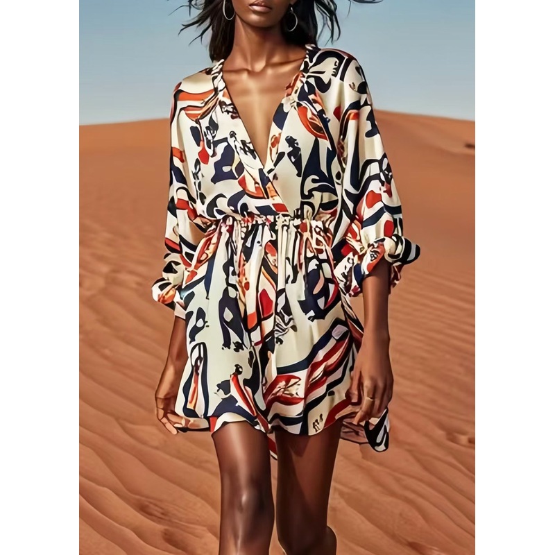 Silm Fit V Neck Print Silk Mini Dress Summer
