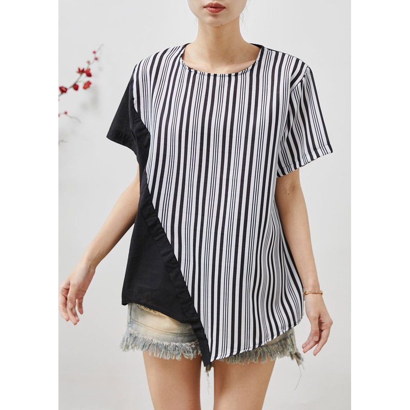 Simple Black Asymmetrical Patchwork Striped Tank Summer