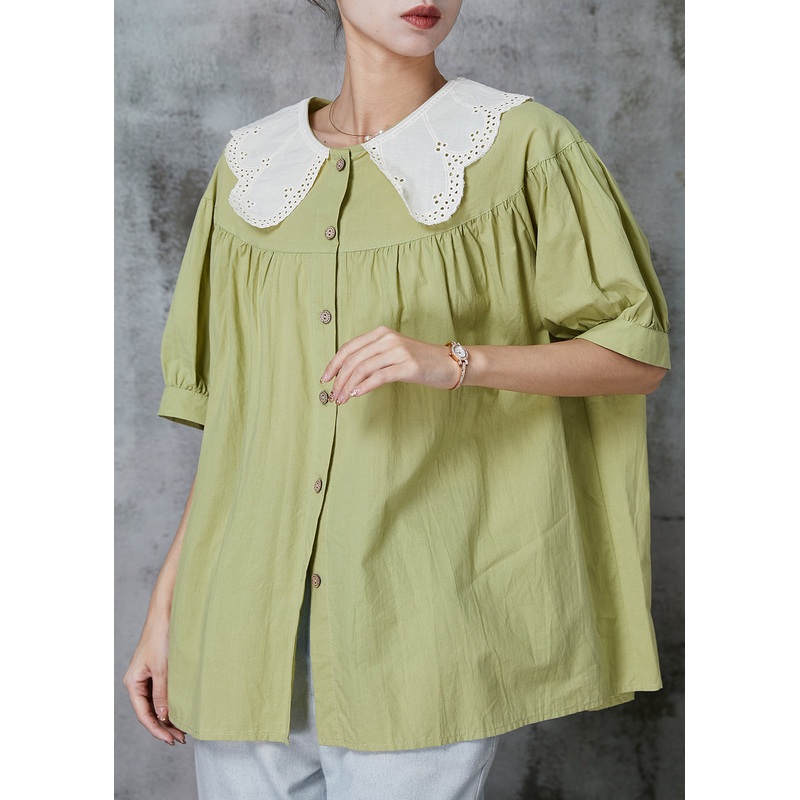 Simple Green Peter Pan Collar Patchwork Cotton Blouse Top Summer
