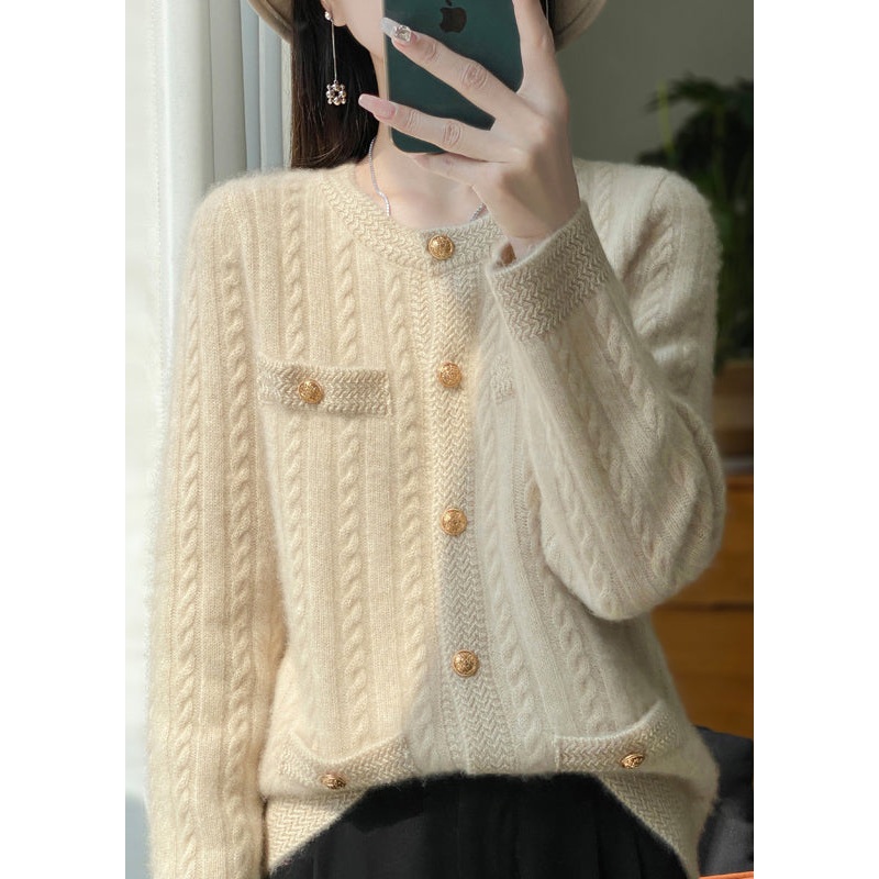 Style Beige O Neck Pockets Button Woolen Cardigans Winter