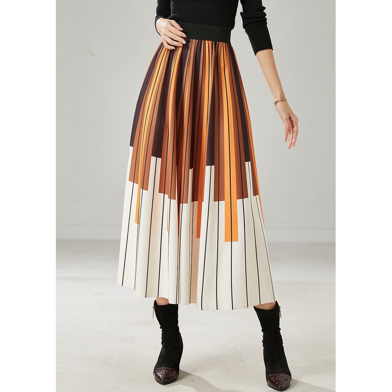 Style Brown Elastic Waist Striped Chiffon Skirt Summer