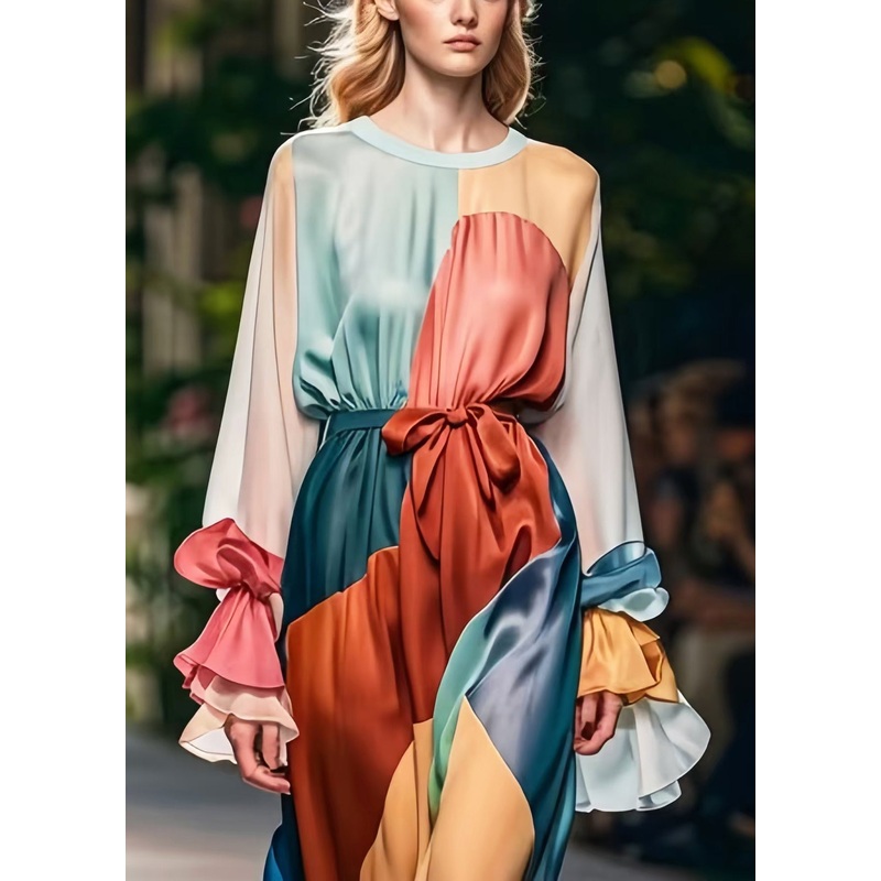 Style Colorblock Cinched Patchwork Silk Holiday Dress Petal Sleeve