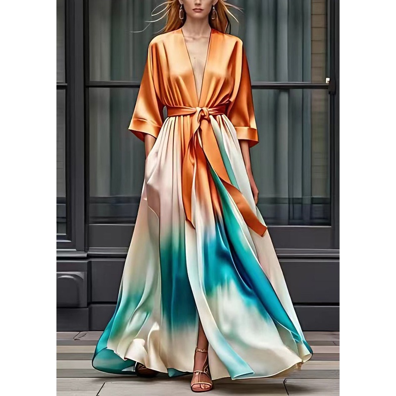 Style Orange V Neck Flattering Silk Maxi Dresses Half Sleeve