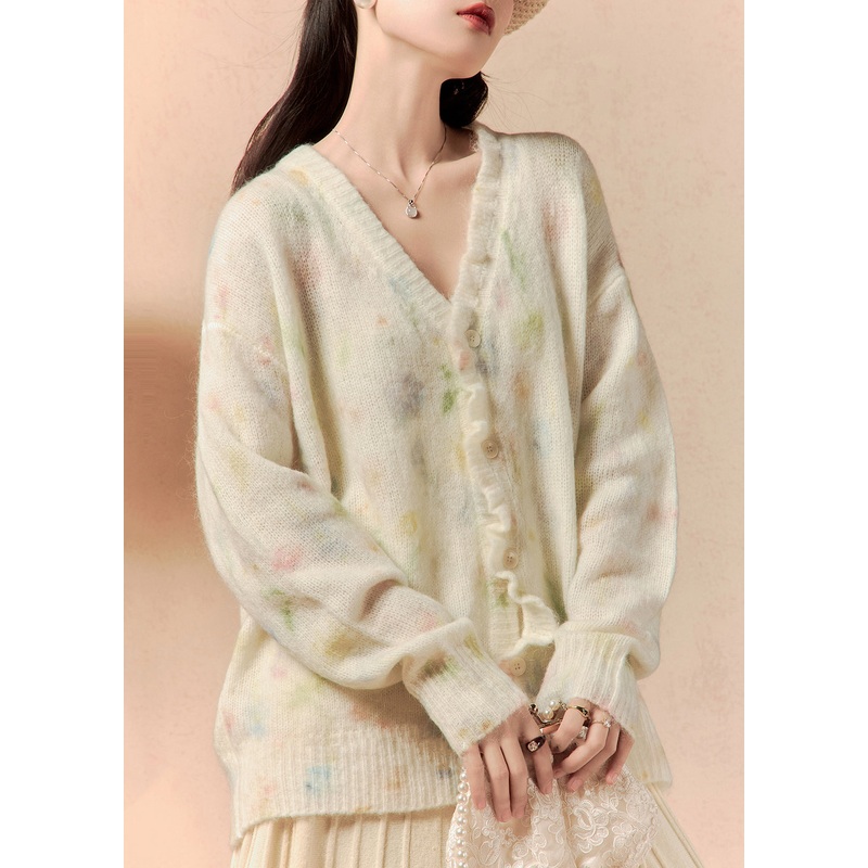 Stylish Beige V Neck Button Cozy Knit Sweaters Winter