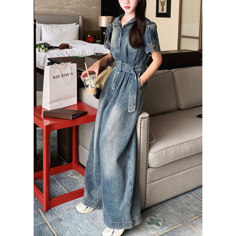 Stylish Blue Peter Pan Collar Tie Waist Denim Jumpsuits Summer