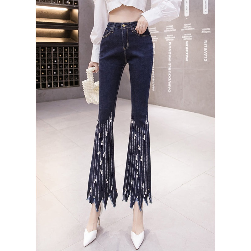 Stylish Blue Tasseled Pockets Nail Bead Denim Flare Bottoms Spring