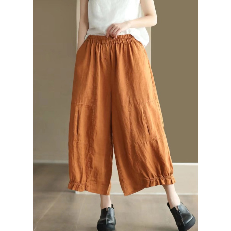 Stylish Orange Pockets Elastic Waist Cotton Crop Pants Summer