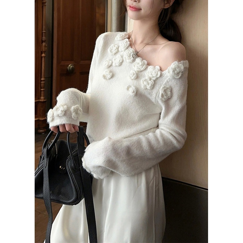 Stylish White Cold Shoulder Solid Knit Sweater Winter