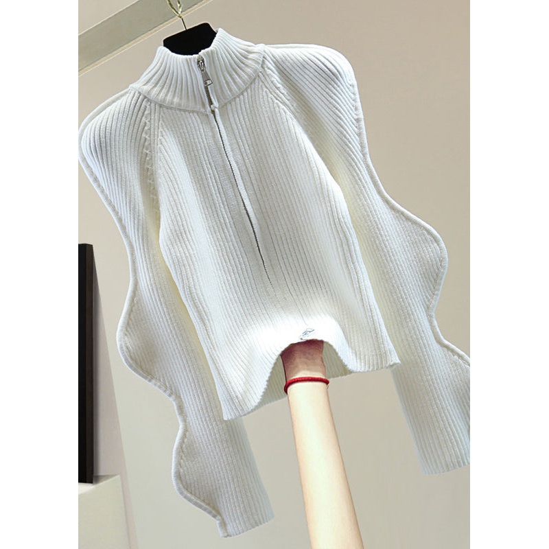 Unique White Turtleneck Asymmetrical Ruffled Zippered Cotton Knit Sweater Winter