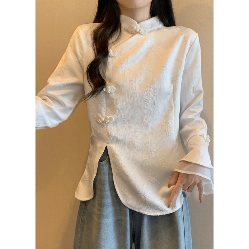 Vintage Apricot Stand Collar Jacquard Oriental Button Cotton Top Fall