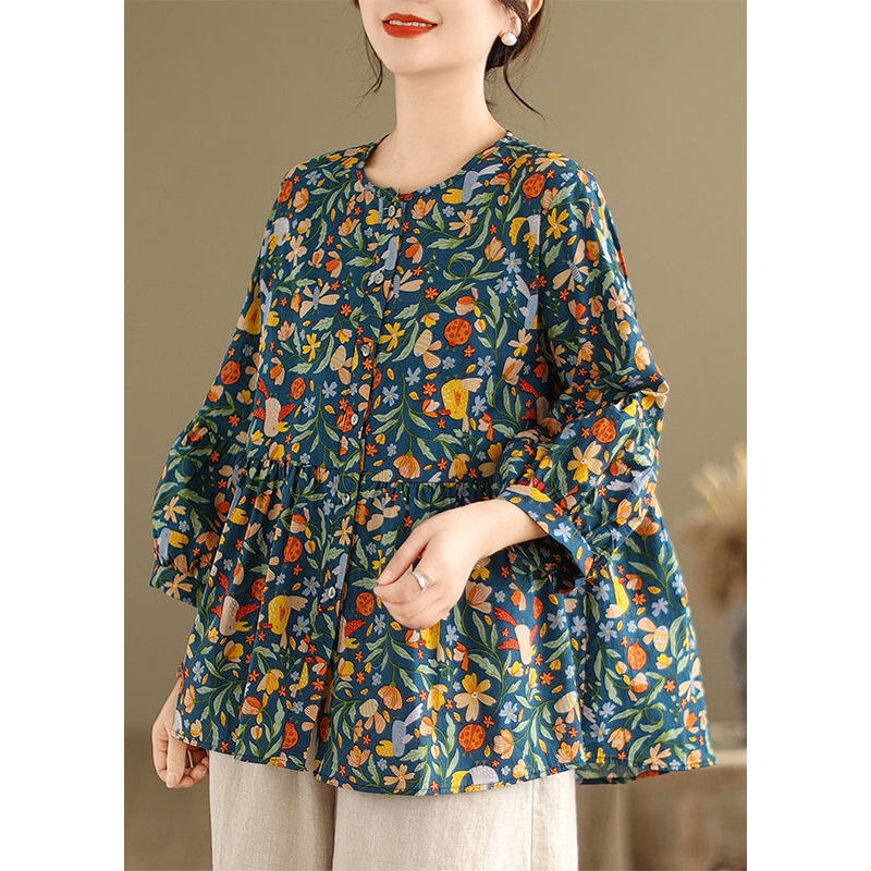 Vintage Green Print Patchwork Wrinkled Tops Fall