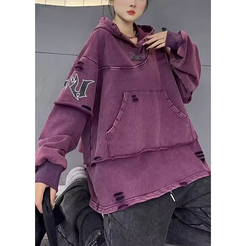 Vintage Purple Hooded Hole Pockets Cotton Sweatshirts Fall