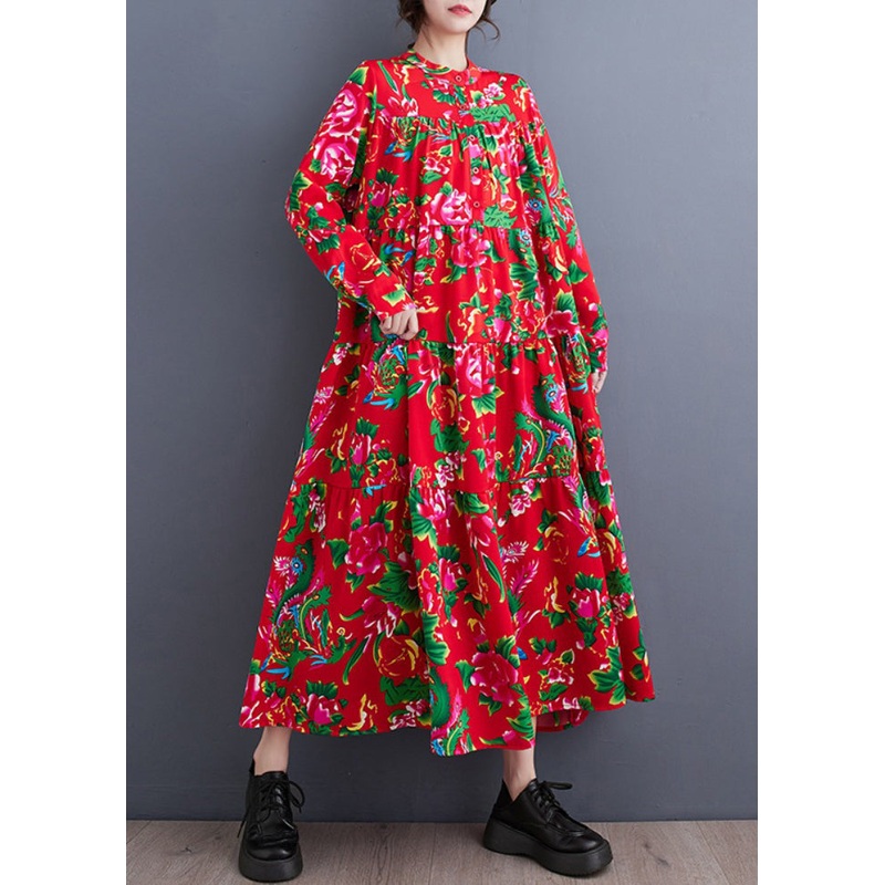 Vintage Red Stand Collar Patchwork Wrinkled Maxi Dresses Long Sleeve