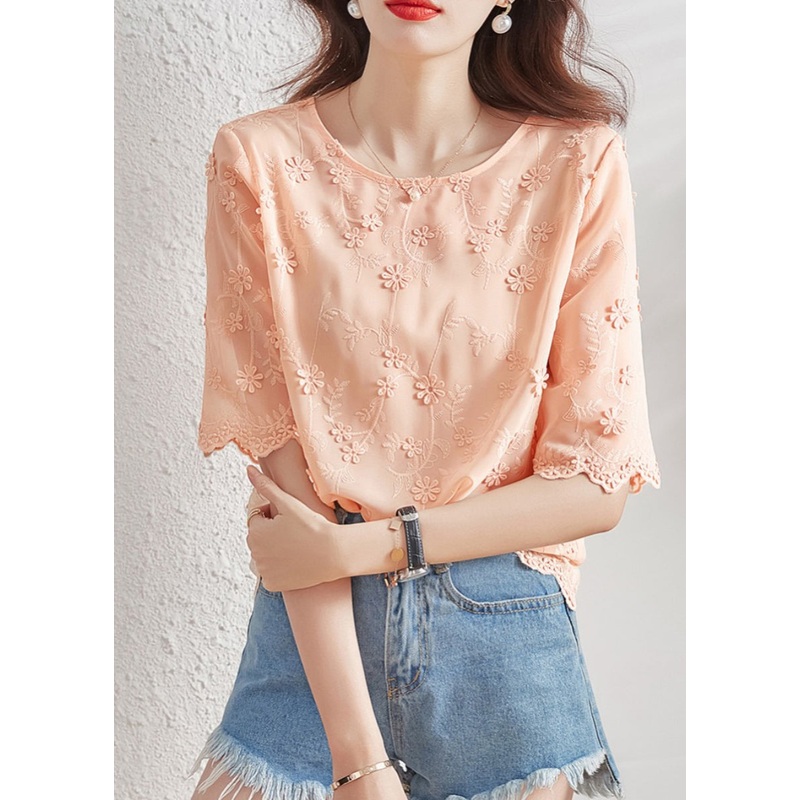 Vogue O-Neck Embroidered Chiffon Shirt Short Sleeve