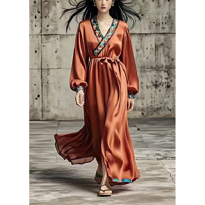 Women Caramel Silm Fit Draping Silk Holiday Dress Spring