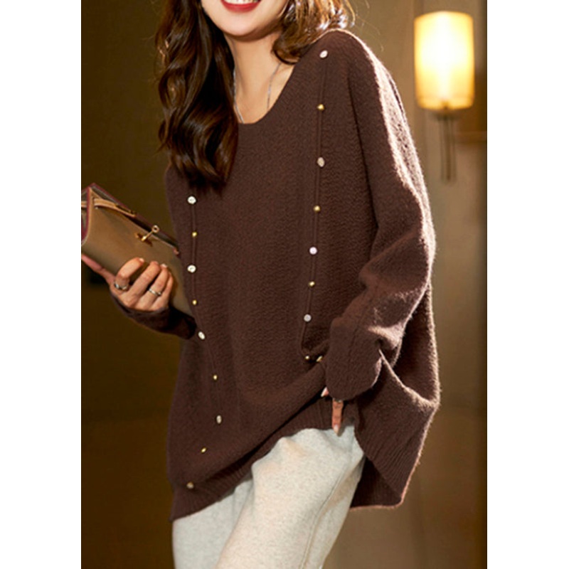 Women Coffee O Neck Nail Bead Knit Tops Long Sleeve