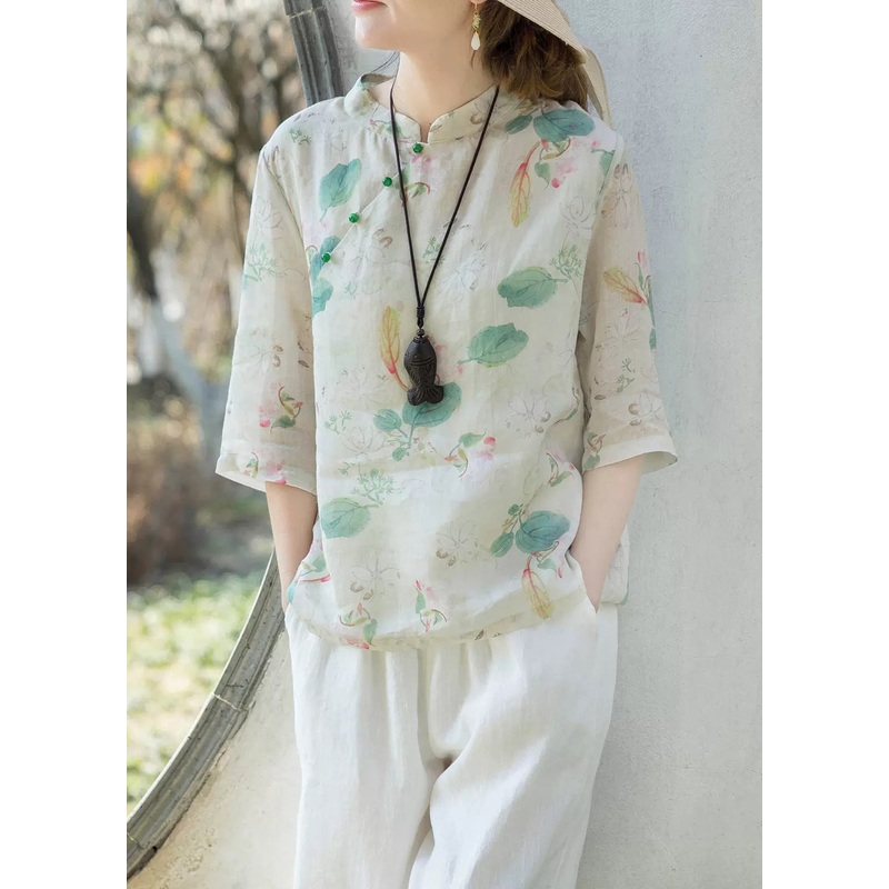 Women Green Print Stand Collar Button Linen Shirt Half Sleeve
