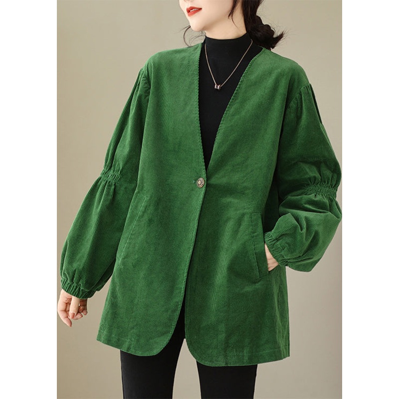Women Green V Neck Button Pockets Corduroy Coats Fall
